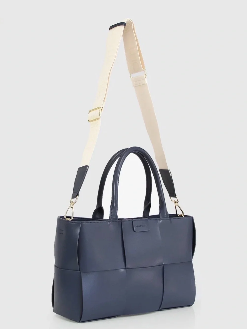 NWT, Belle & Bloom Long Way Home Woven Navy Large Leather Tote, Removable Strap